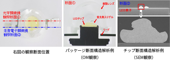 パッケージ断面構造解析例（OM観察）、チップ断面構造解析例（SEM観察）