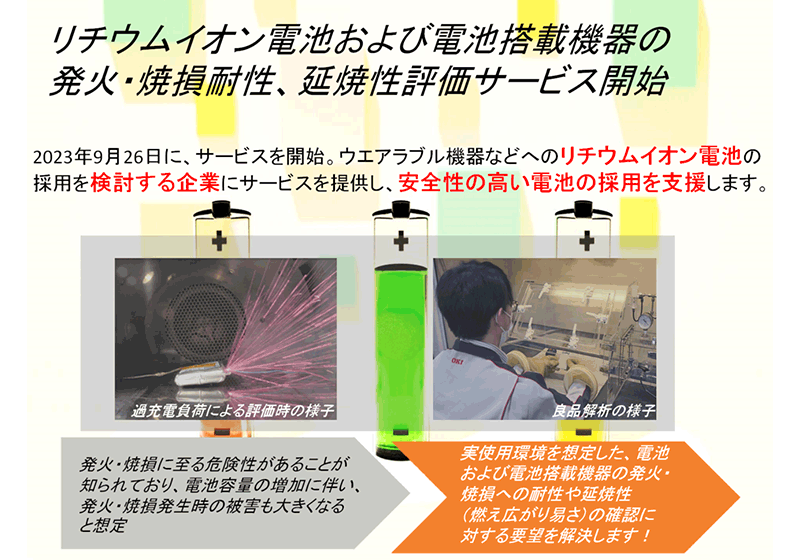 リチウムイオン電池および電池搭載機器の発火・焼損耐性、延焼性評価サービス」開始。2023年9月26日に、サービスを開始。ウエアラブル機器などへのリチウムイオン電池の採用を検討する企業にサービスを提供し、安全性の高い電池の採用を支援します。発火・焼損に至る危険性があることが知られており、電池容量の増加に伴い、発火・焼損発生時の被害も大きくなると想定実使用環境を想定した、電池および電池搭載機器の発火・焼損への耐性や延焼性（燃え広がり易さ）の確認に対する要望を解決します！